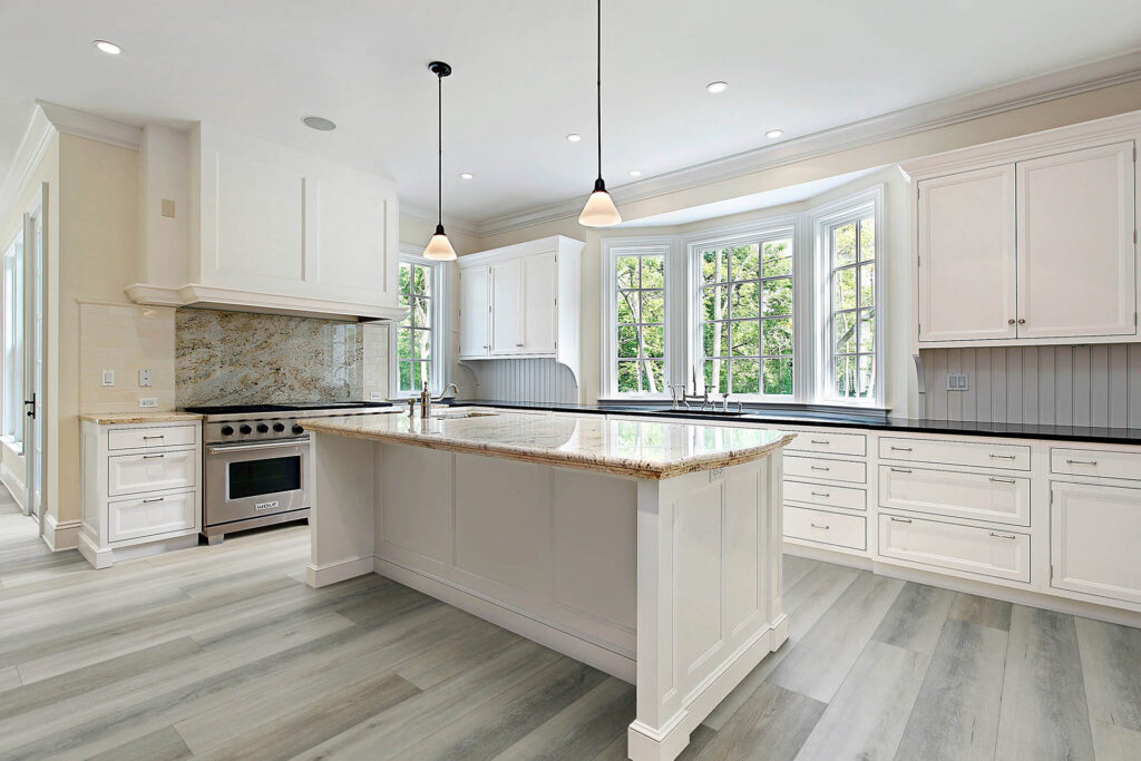 Gemcore SPC flooring installed in an open kitchen interior design.